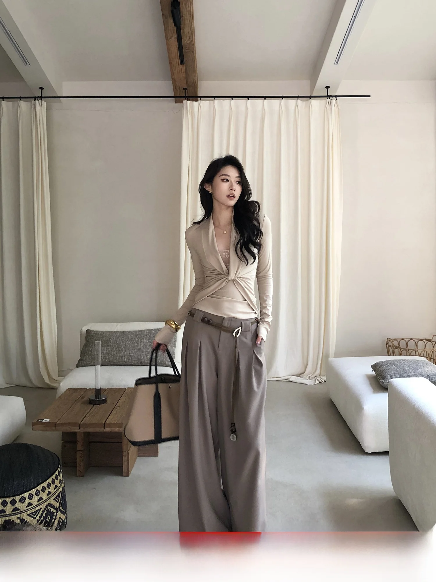 

Loose Straight Leg Suit Pants Women's Lazy Sle Low Waist Pleated Floor Length Casual Trousers Tea Milk Color Casual Wide Le...