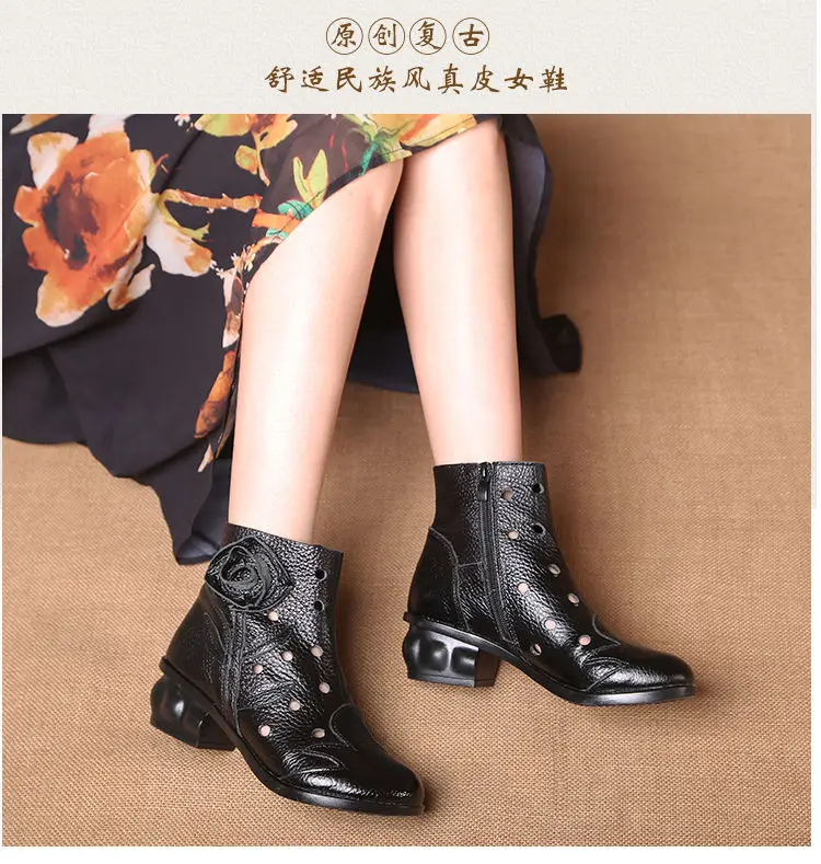 Neue Handgemachte Rindsleder Boot Damen Vintage Hohl Schuhe Frau Original Marke Stiefeletten Frauen Herbst Niedrigen Ferse Pelz Booties – Detail 18