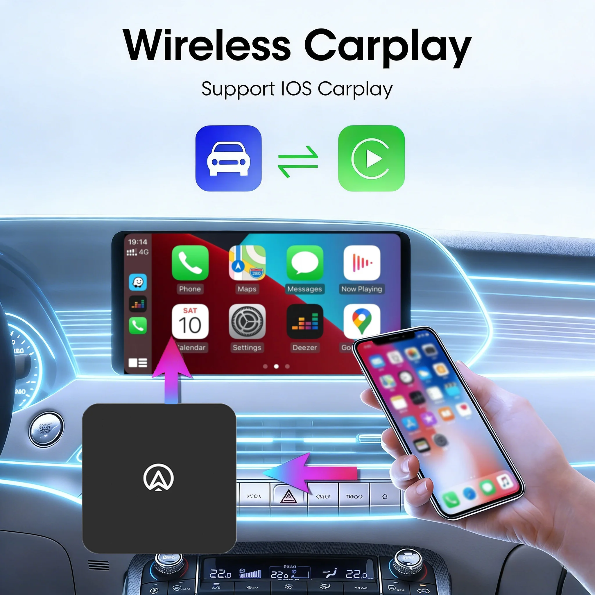 2in1 Wireless CarPlay&Android Auto Adapter,No Disassemble Radio,One-Time Pairing,Auto-Reconnect,Stable Signal for Safe Driving
