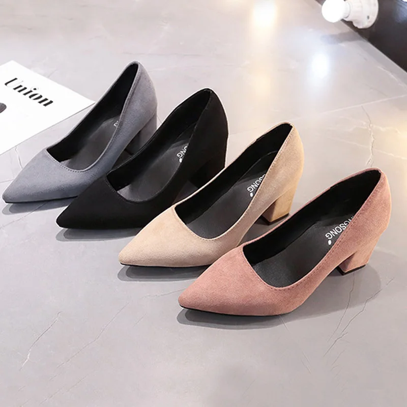 Autumn Shoes Woman Pumps Low Thick Heels Comfortable Women Work Shoes Flock Round Toe Casual Ladies Shoe sapato feminino WSH3183