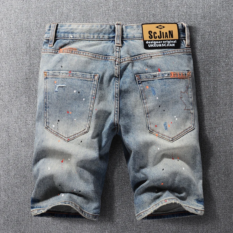 Summer Style Fashion Men Jeans Retro Gray Blue Elastic Ripped Short Jeans Homme Painted Designer Vintage Casual Denim Shorts Men