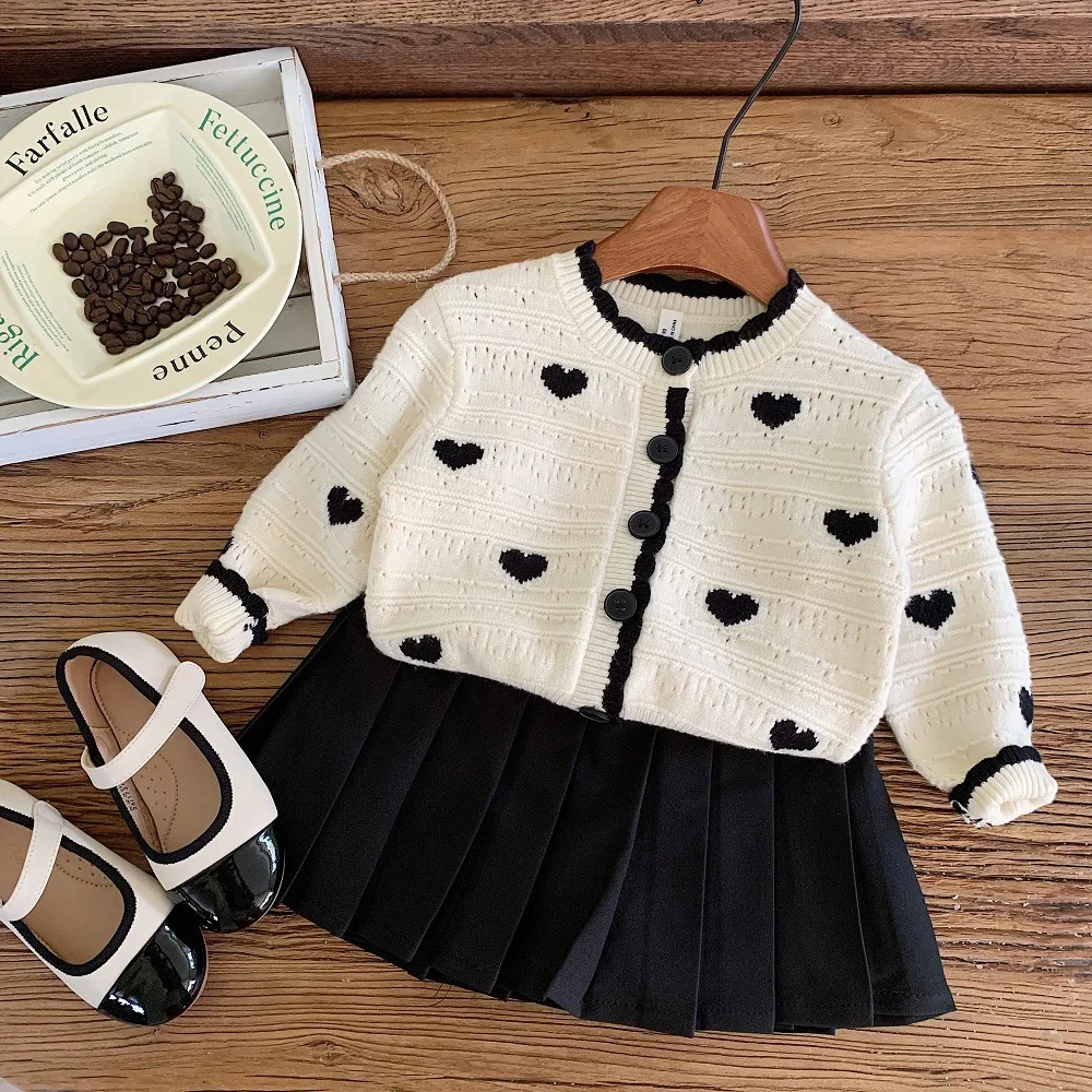 2024 Baby Girl Fall Clothes Black and White Stitching Heart Pattern Knit Sweater Cardigan Black Skirt Sets Cute Outfit Set 2-7y