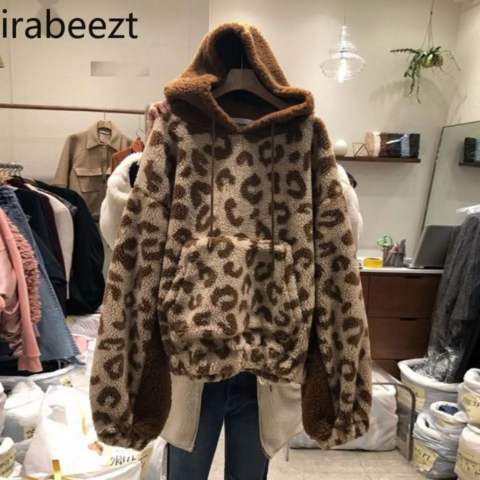 2024 Autumn and Winter New Women's Thicker and Fleece Coat Leopard Print Korean Version of LOOSE FIT Hoodies Women