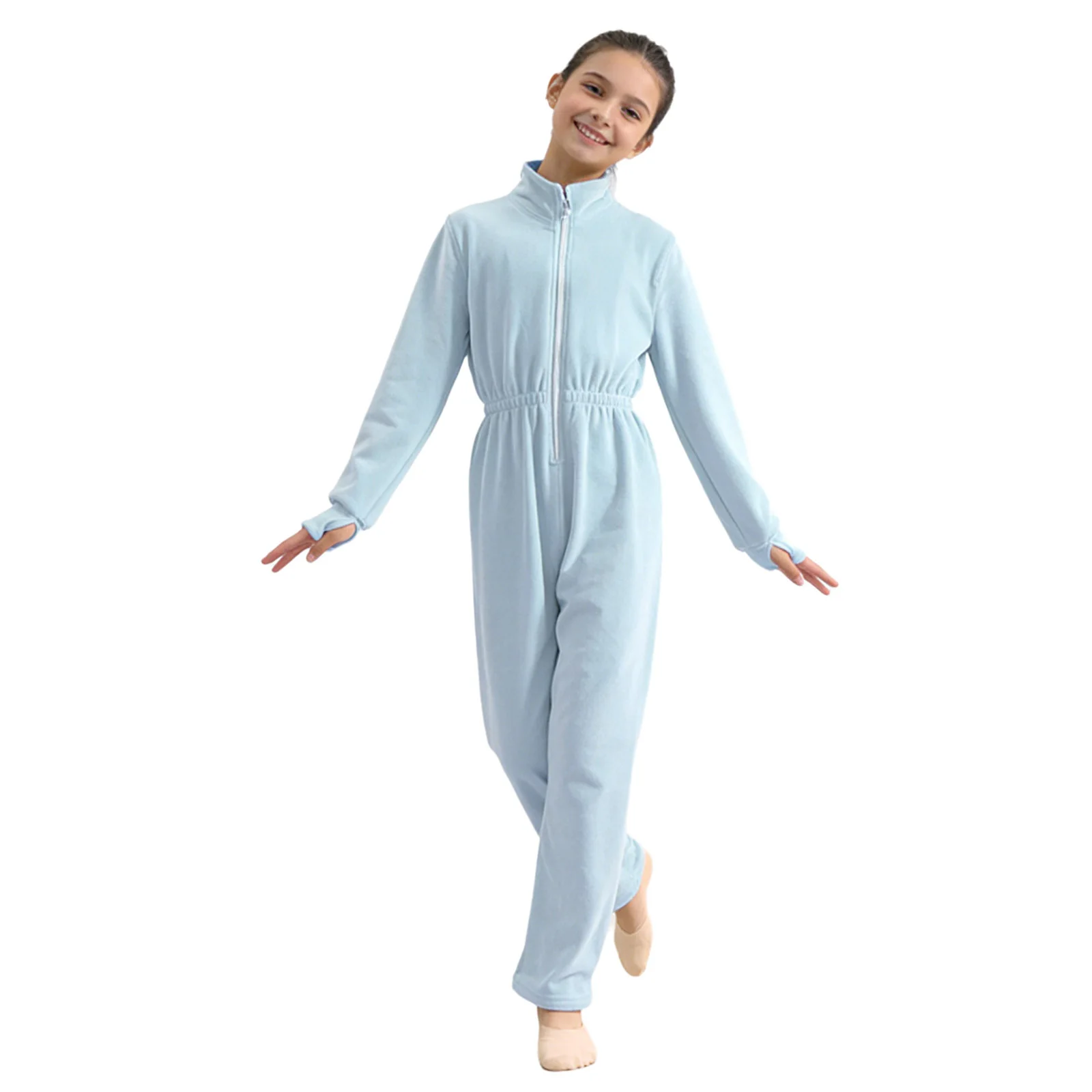 ชุดจั๊มสูทผ้าฟลีซสำหรับเด็กผู้หญิง คอตั้ง แขนยาว มีรูสำหรับนิ้วโป้ง เอวยางยืด ชุดบอดี้สูทผ้าฟลีซเนื้อนุ่มสำหรับใส่ที่บ้านและเล่น