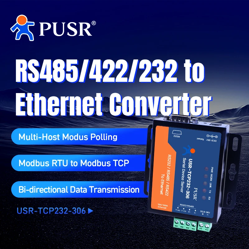 Pusr RS232 RS485 RS422 to Ethernet Serial Device Server Serial Converter TCP IP Modbus Gateway USR-TCP232-306