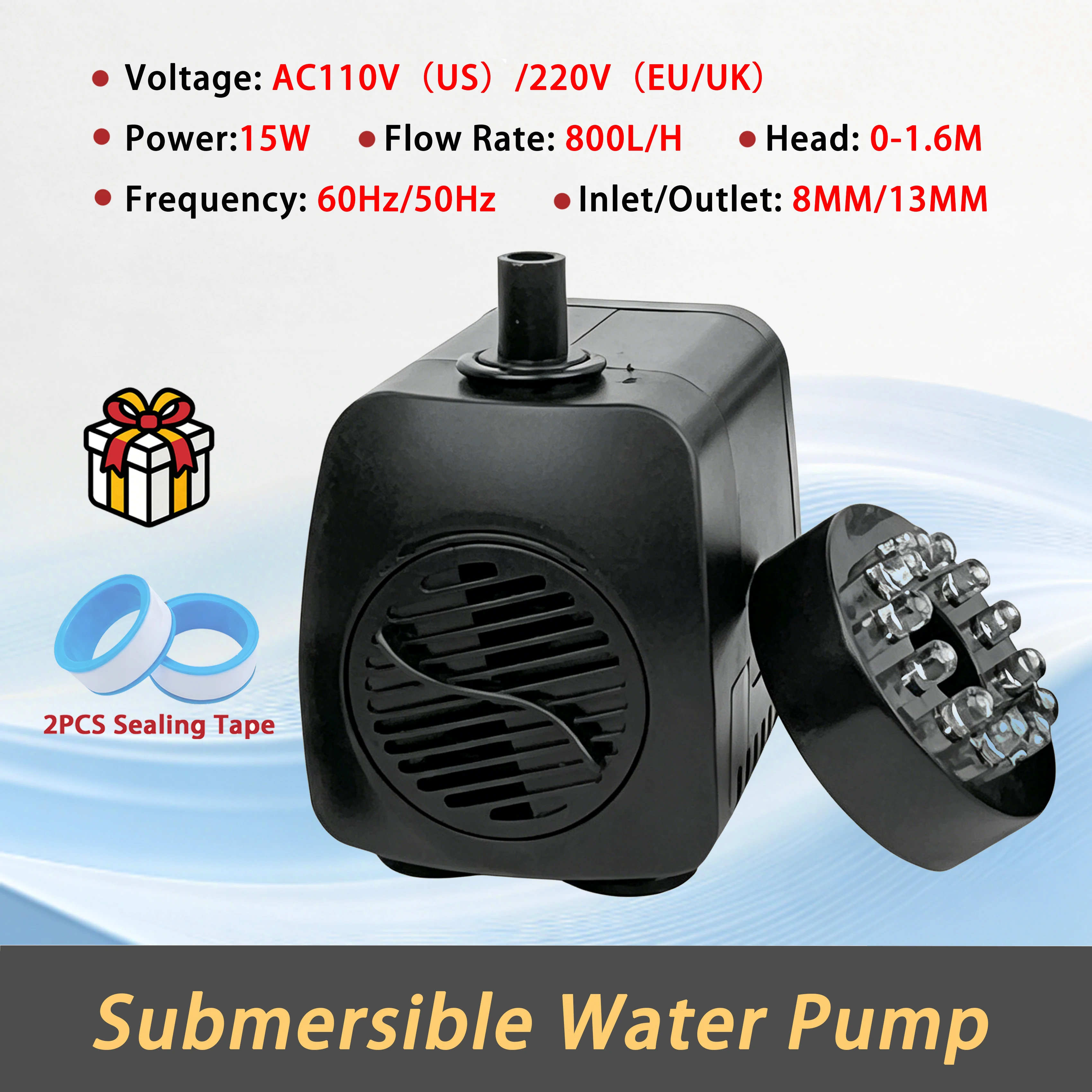 Pond Light Submersible - 15W 800L/H Submersible Water Pump 12LED