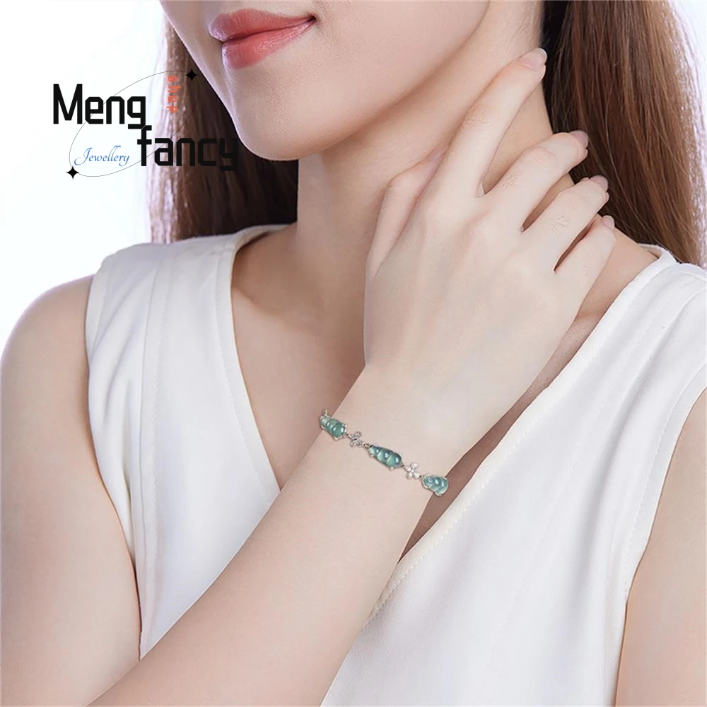 Natural A-goods Jadeite Blue Water Blessed Beans S925 Silver Inlaid Bracelet Ice Jade Exquisite Elegant High-grade Holiday Gifts