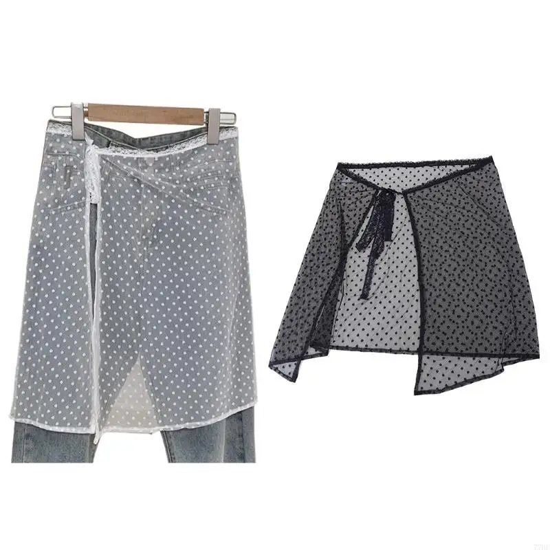 

77HE Vintage Small Dots Pattern Long Skirt Hip Scarf Women Tie Up Aesthetic Semi See Through Gauze Apron Covering Overskirt
