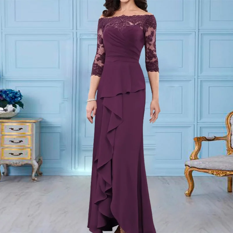 

Off the Shoulder Long Chiffon Mother of the Bride Dress with Half Sleeves Wedding Party Dress vestidos para madre de novia 2024