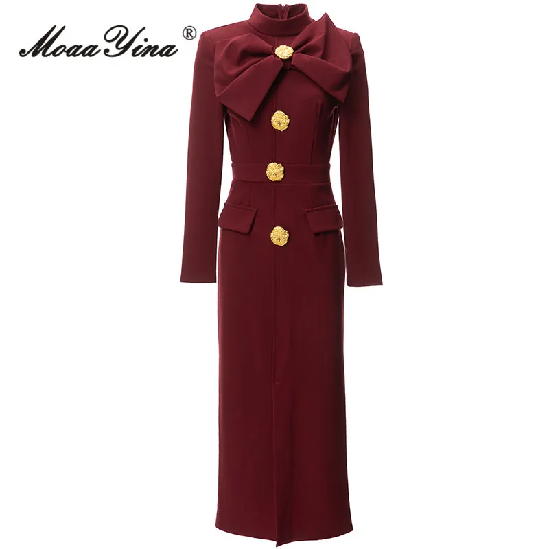 

MoaaYina Autumn Fashion Designer Wine Red Vintage Dress Women Stand Collar Bow Button High Waist Package Buttock Slim Long Dress