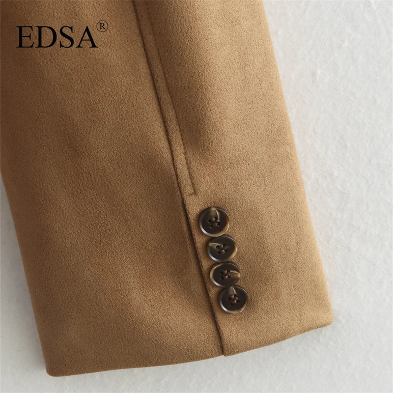 EDSA Women Suede Blazer Jacket with Flap Pockets for Office Lady Single Breasted Long Sleeves Suits Coat Outerwear