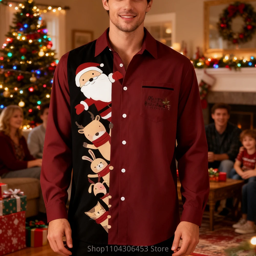 Men's Christmas New Year Cartoon Funny Santa Claus Red 3D Print Lined Holiday Party Shirt Men's Autumn and Winter New Casual Top