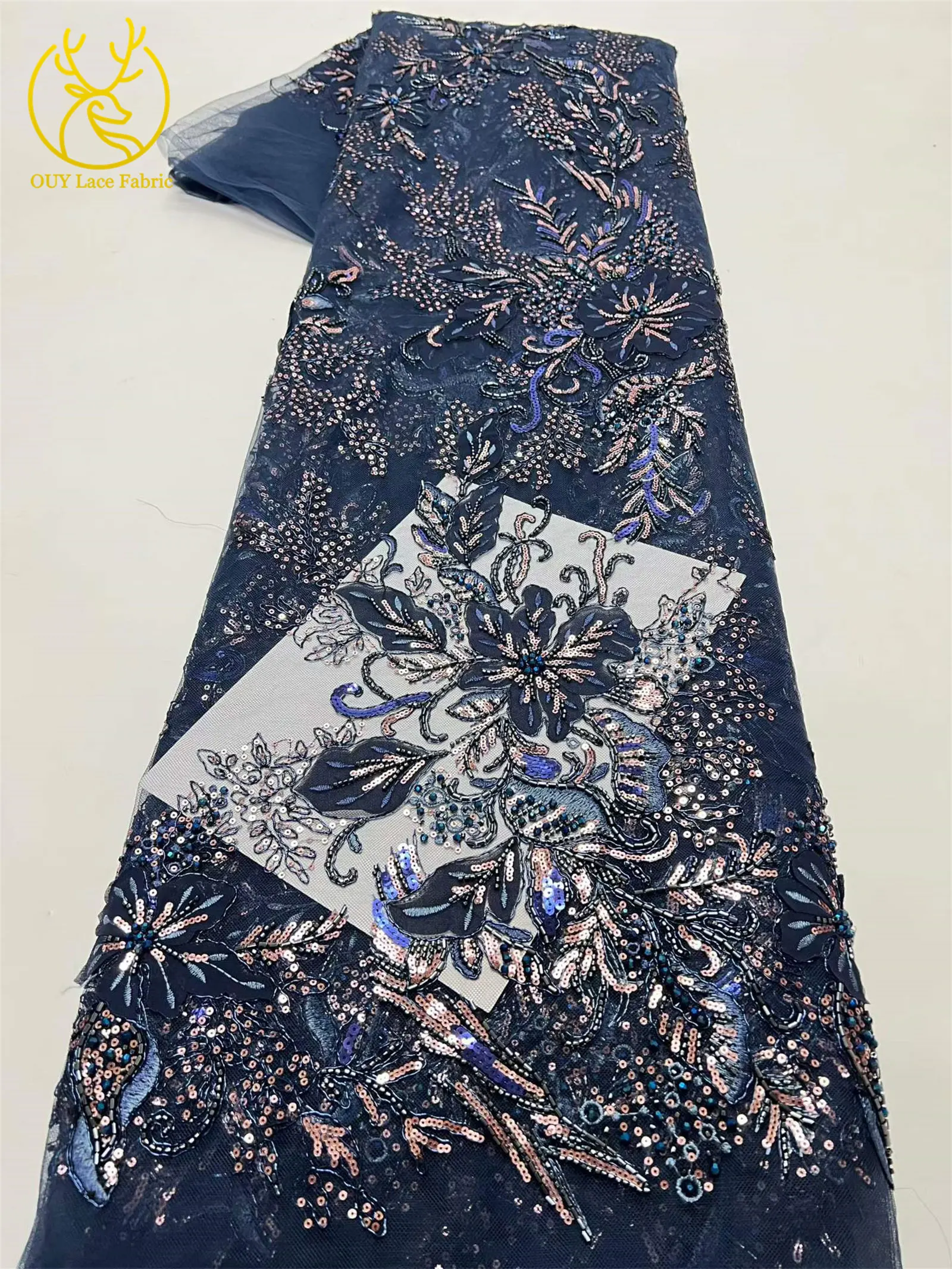 Neuester luxuriöser afrikanischer bestickter Spitzenstoff mit Perlen und Pailletten, 5 Yards französischer Tüll-Spitzenstoff für Party- und Hochzeitskleider zum Nähen. – Detail 4