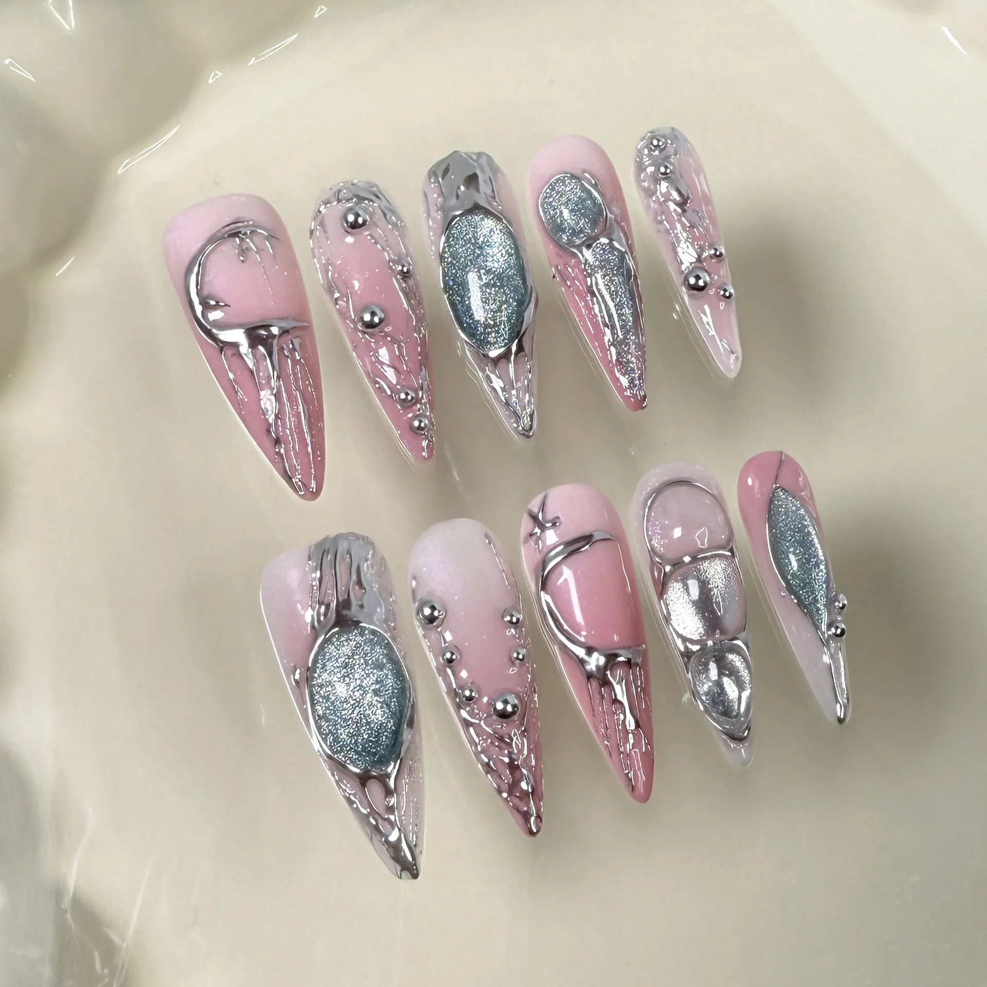 

10Pcs Pink Gradient Handmade False Nails Silver Irregular Design Press on Fake Nails Long Stiletto Reusable Full Cover Nail Tip