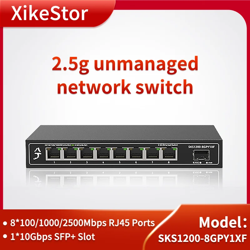 

XikeStor 9 Port 2.5g Network Switch 100/1000/2500Mbps RJ45 Ports & 10Gbps SFP+ Slot Ethernet Switch Plug and Play Fanless