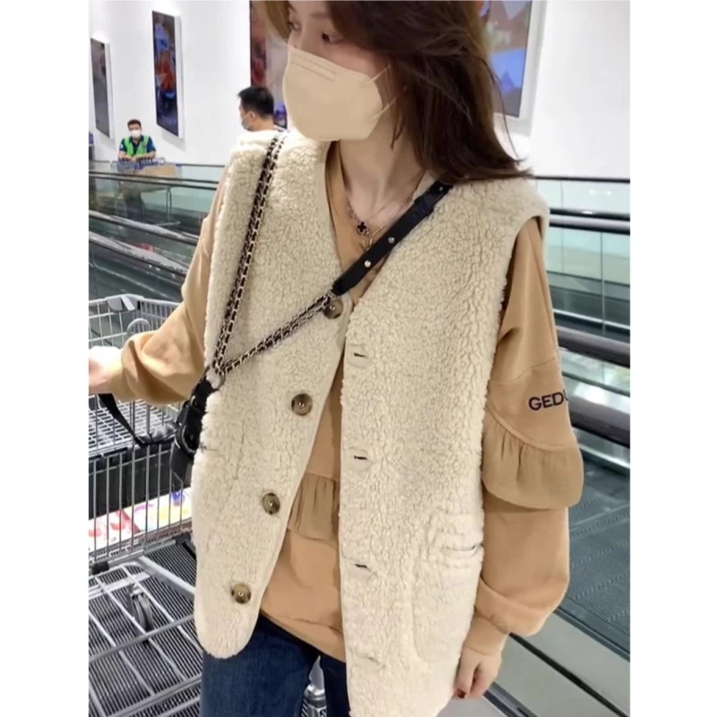 

Жилет из овечьей шерсти 2025: Новая осенне-зимняя коллекция, свободный крой, многослойный, модный, укороченный жакет-пальто для женщин