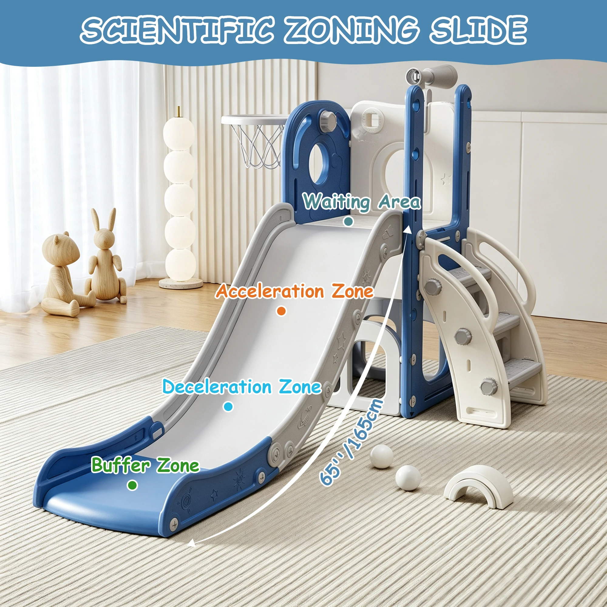 6 in 1 Toddler Slide for 1-3, Indoor Outdoor Playset, Kids Slide with Climber, Basketball Hoop, Storage, Telescope, L Shaped Slide