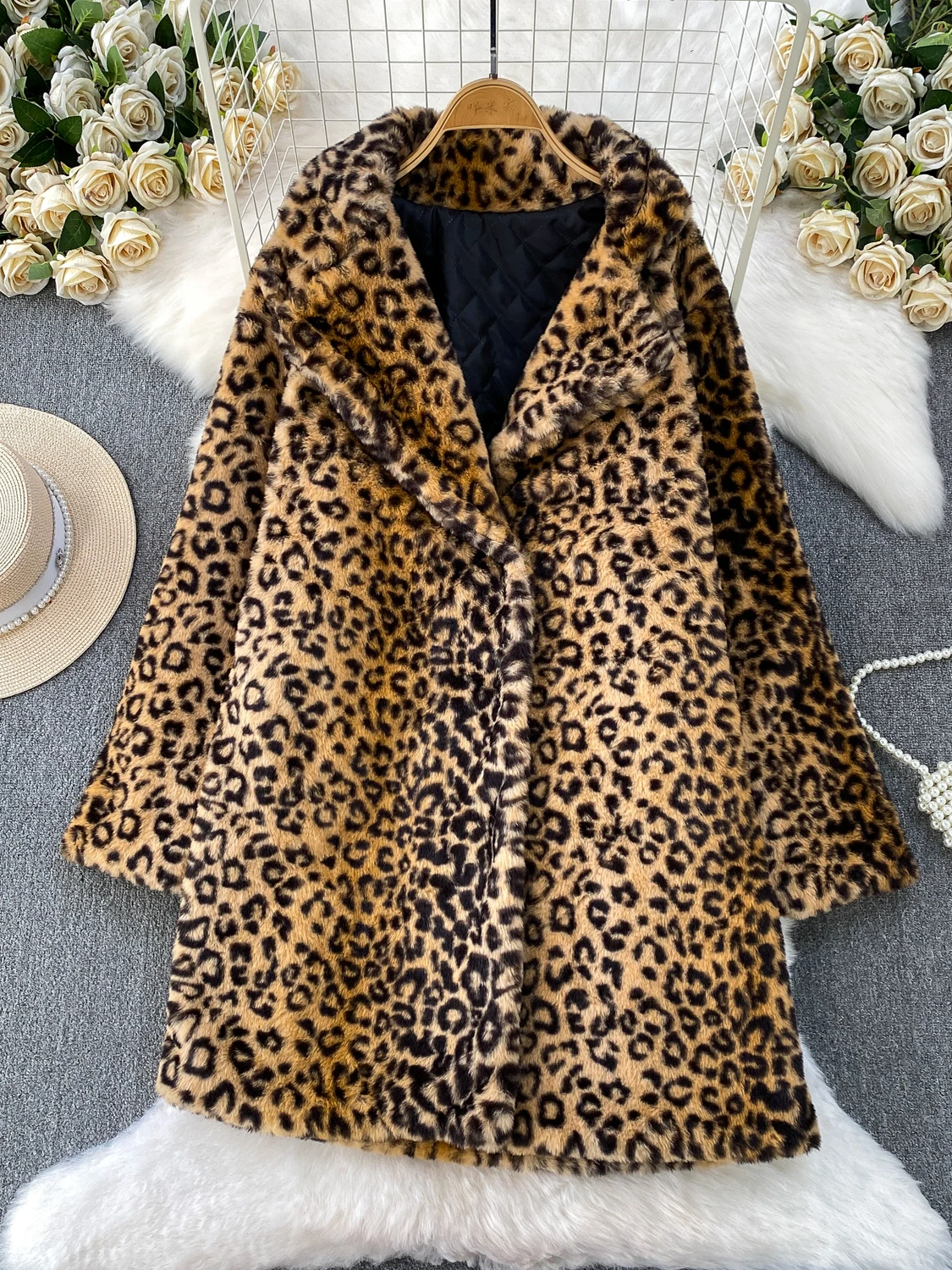 Ele Thiened معطف فرو منك طويل بطبعة الفهد للنساء شتوي Jaet ملابس خارجية أصلية فضفاضة