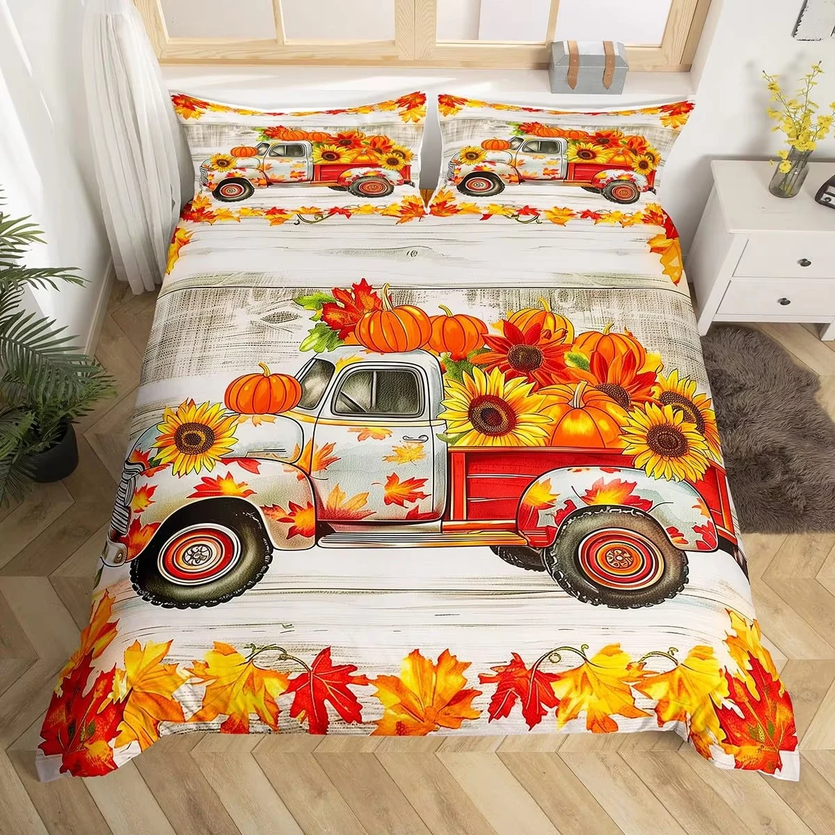 Fall Pumpkin Duvet Cover Happy Fall Y'all Comforter Cover for Boys Girls Autumn Maple Leaves Bedding Set Farmhouse Room Decor
