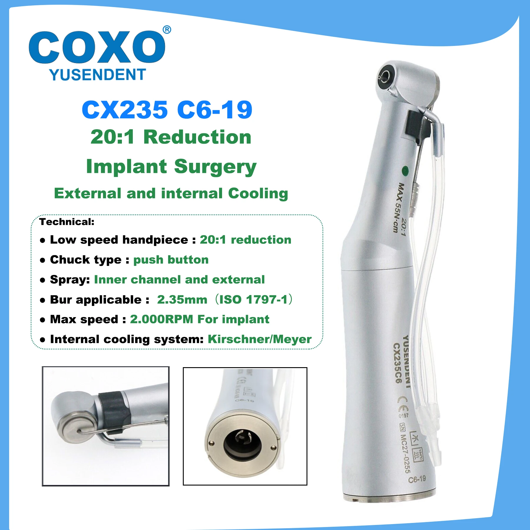 

COXO CX235 Dental Handpiece 20:1 Reduction Implant Surgery Low Speed Handpiece Contra Angle Handpiece E Type Fit KAVO NSK