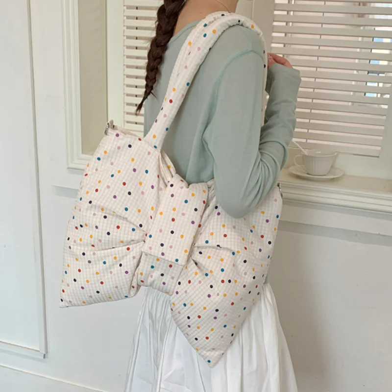 

Colorful Polka Dot Tote Bag Korean Niche Fashion Bow-shaped Women's Shoulder Bag Lightweight And Large-capacity Commuter Bag