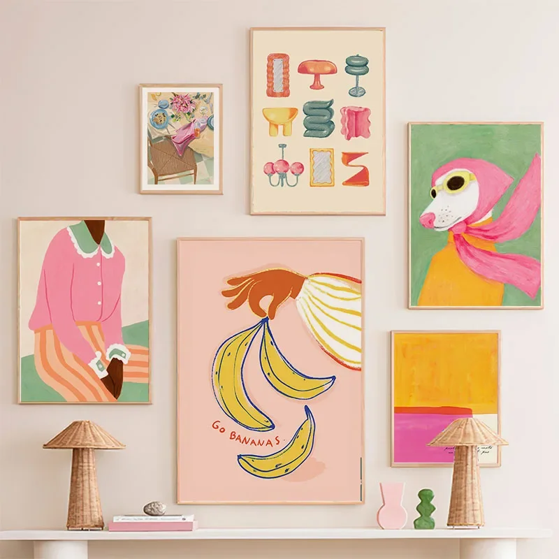 Frisches Stilvolles Abstraktes Kunstposter Mädchen Hund Vase Banane Text Leinwandgemälde Wandkunst Moderne Schicke Wohnzimmer Esszimmer Dekoration