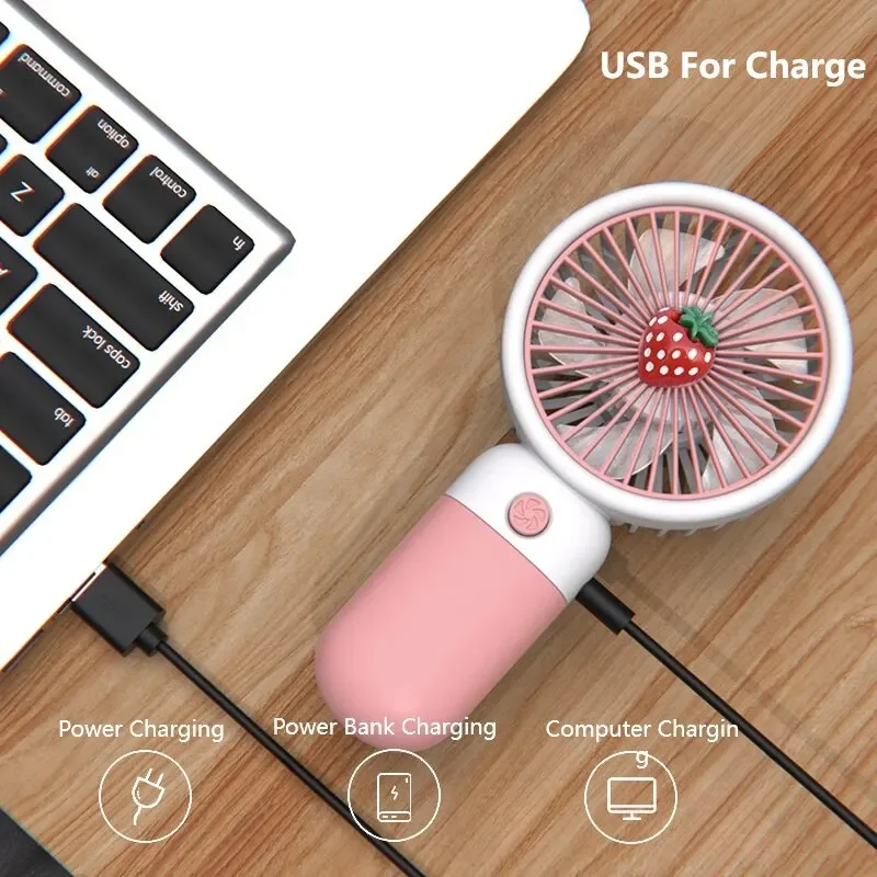 Ventilador portátil de frutas dos desenhos animados, Carregamento USB, Pequenos ventiladores com cordão, Desktop, Verão, Pessoal, Ao ar livre