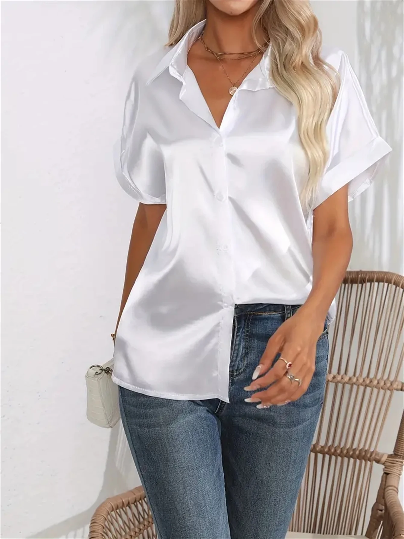 Casual Turn-Down Collar Button Front Solid Color Short Sleeved Satin Shirt Women Summer Blouse