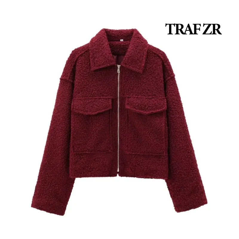 TRAF ZR Lady Jackets Solid Woolen Cropped Coat Elegant and Pretty Women's Coats Ladies Fashion Vintage Women's Autumn Coat