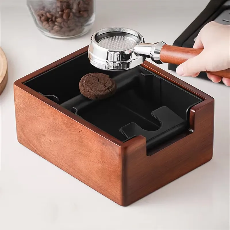 Coffee Knock Box with Rubber Knock Bar 1.5L Large Espresso Grounds Container Non-Slip Wood Base Waste Coffee Grounds Dump Bin