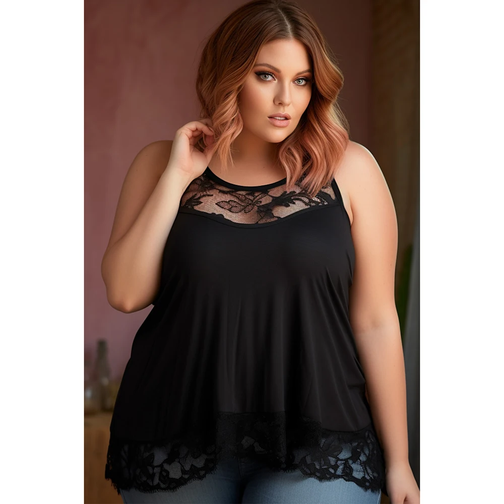 Plus Size Zomer Casual Zwarte Doorzichtige Kanten Patchwork Cami Met Ronde Hals