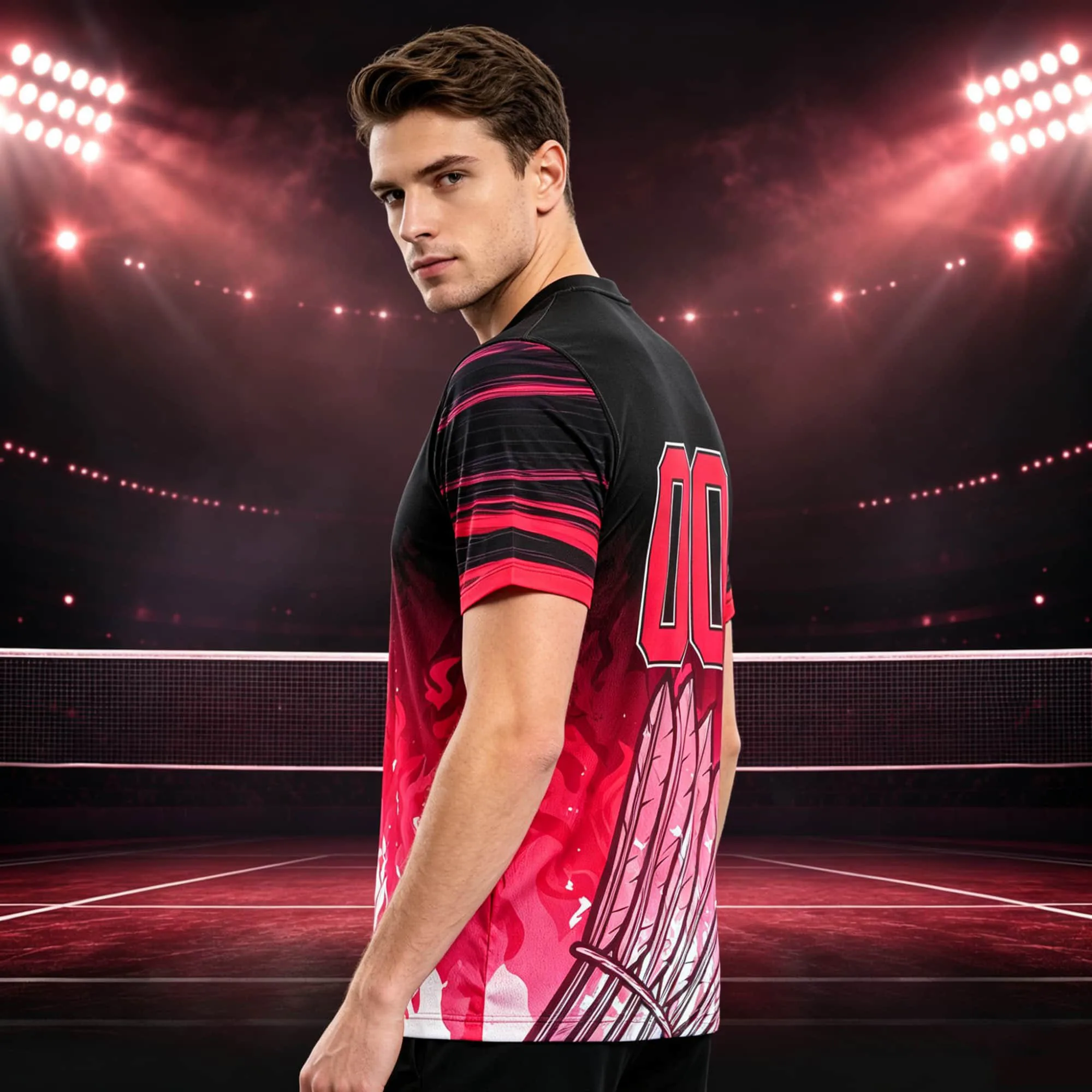 Men Badminton Jersey Quick Dry Short Sleeve T‑Shirt Flame Shuttlecock Print Team Game Number Sports Training Tee