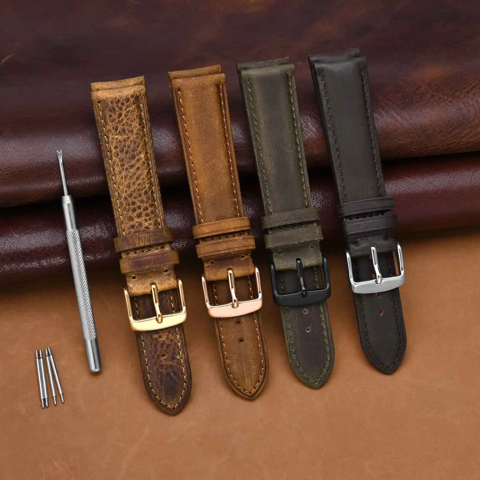 WOCCI Crazy Horse Leather Watch Straps 18mm 19mm 20mm 22mm 23mm 24mm Watchbands Available in Unisex Replacement Belt