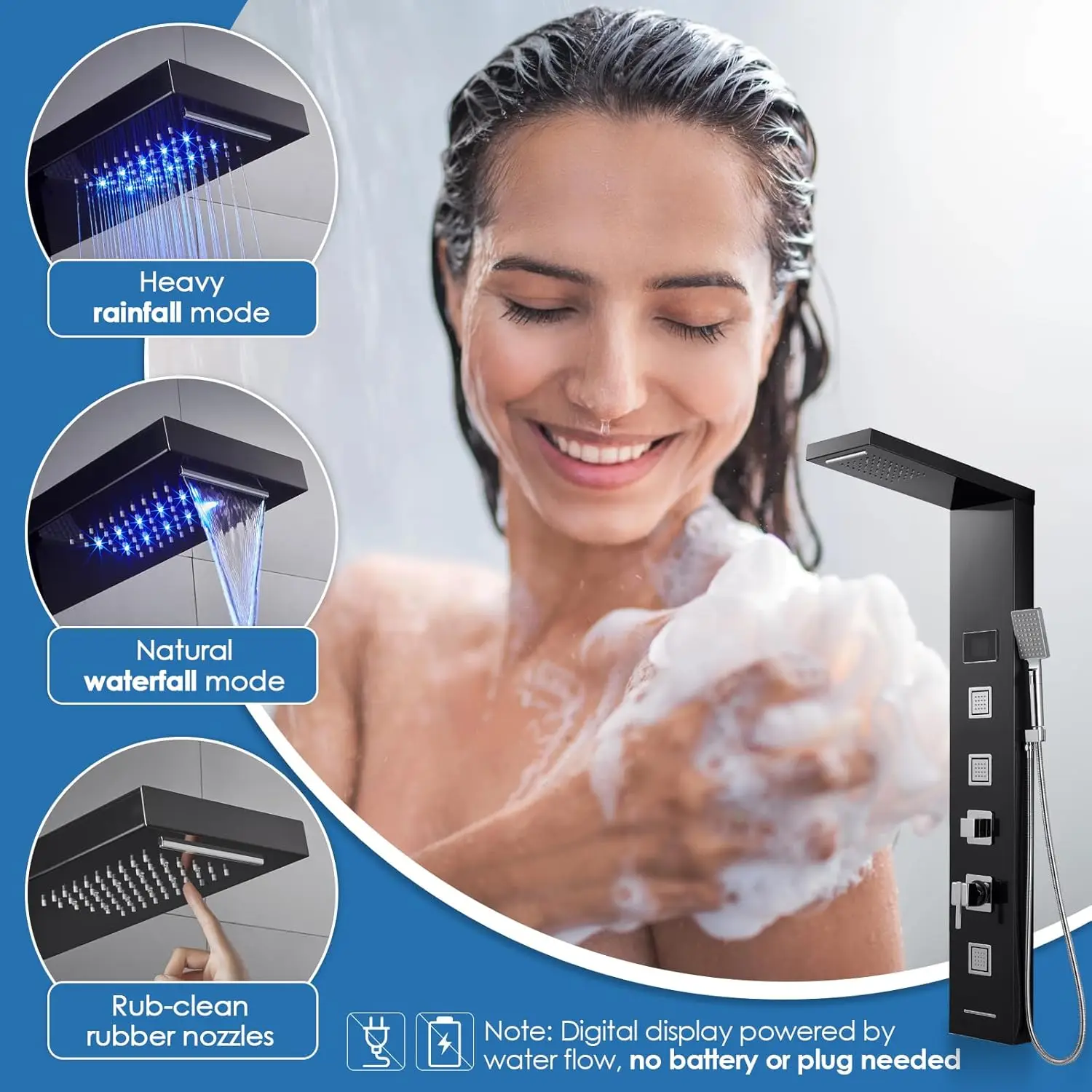 ROVOGO-Système de Tour de Panneau de Douche avec Lumières LED, Colonne de Douche avec Cascade, Jets pour le Corps, Sans Batterie Nécessaire