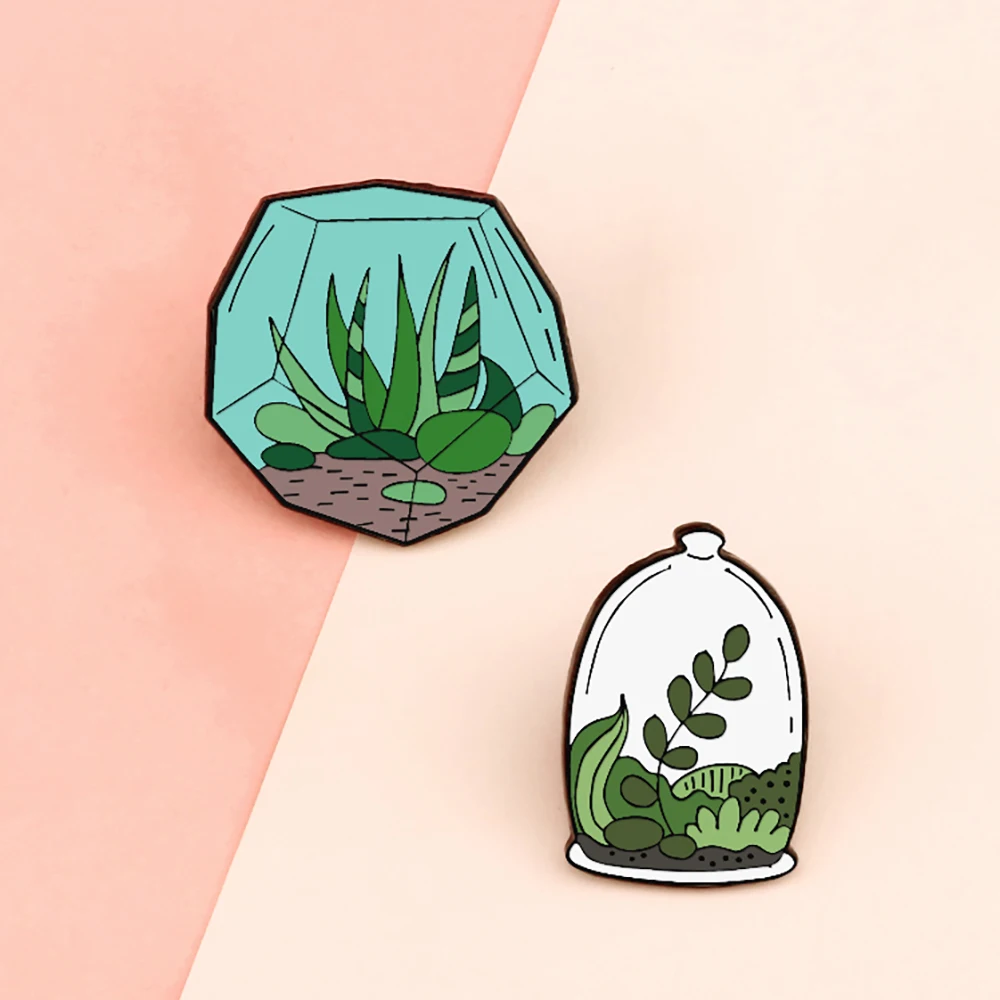 Green Potted Plants Enamel Pin Custom Terrarium Cactus Aloe Brooches Denim Bag Clothes Lapel Pins Badge Jewelry Gift for Friends