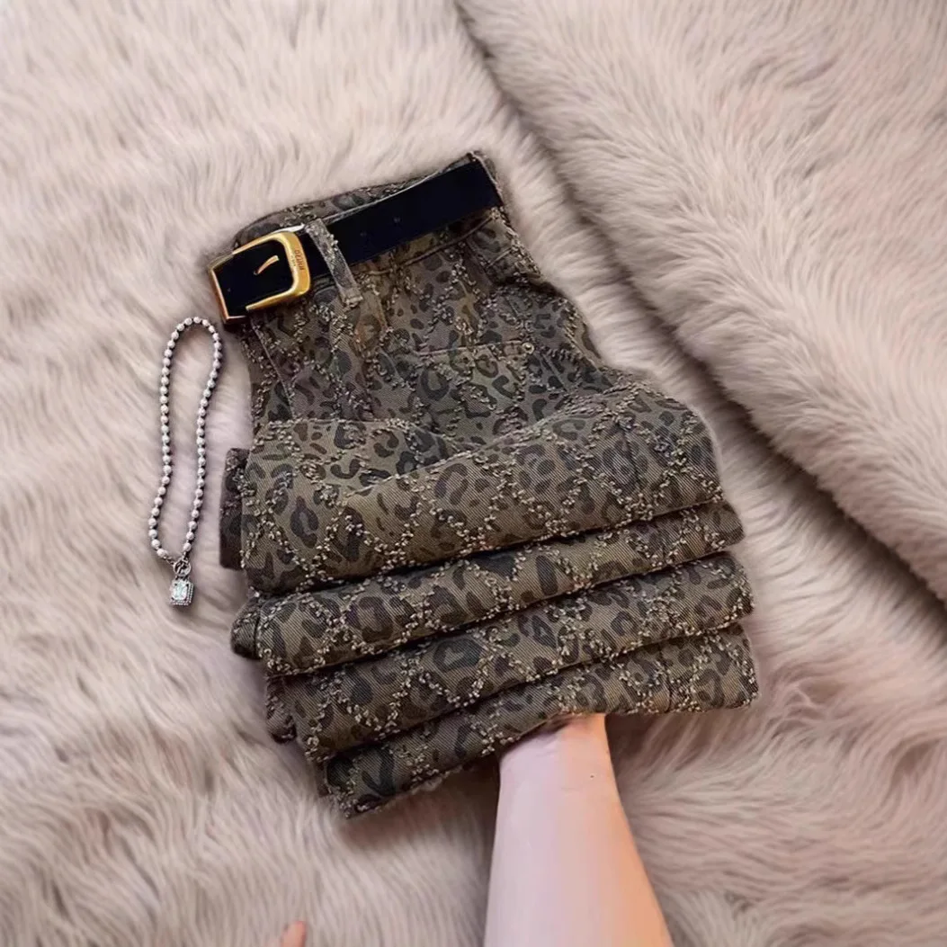 

2023 весна и осень, новые высококачественные тонкие джинсы с леопардовым принтом и высокой талией, женские жареные уличные повседневные брюки в американском стиле ретро