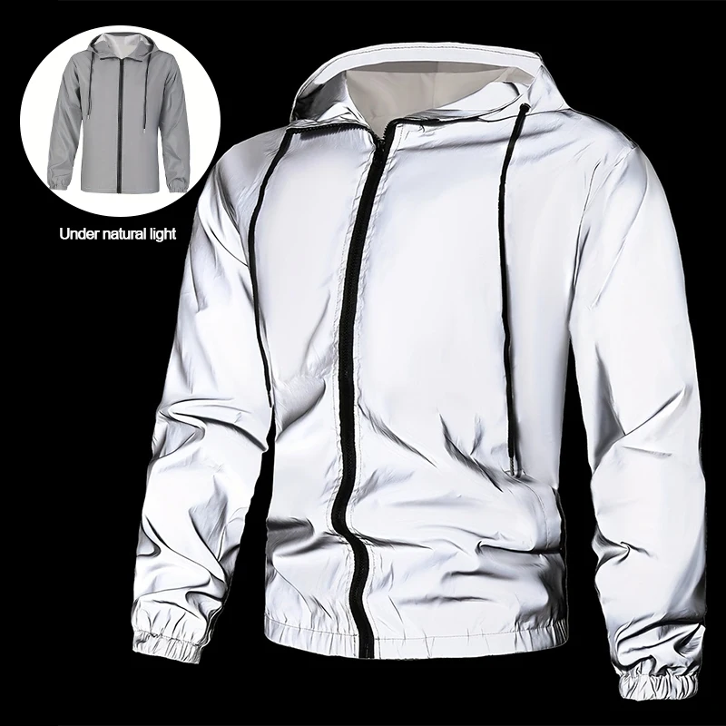 Reflective Hooded Men's Jacket New Style Windproof Fashion Hip-hop Streetwear Coats for Outdoor Night Cycling Running Sports