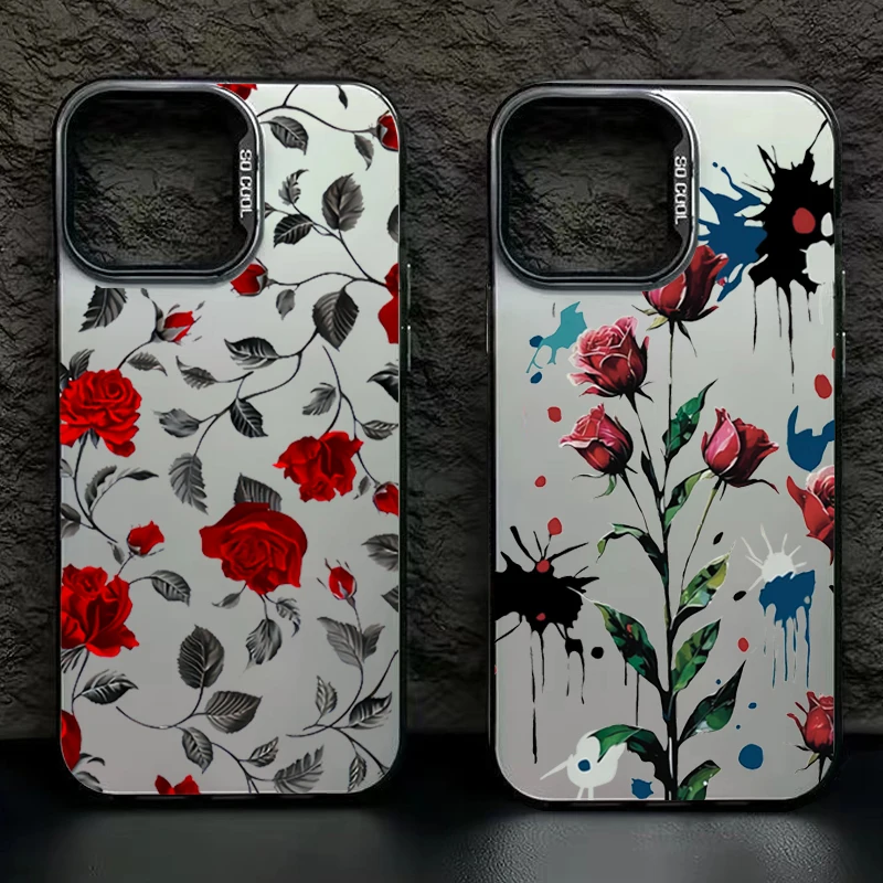Red Rose Flower Silver IMD Phone Case For 16 16E 15 14 13 12 11 Pro Max Plus Hard Back Cover For IPhone 16 15 14 Plus Case Funda