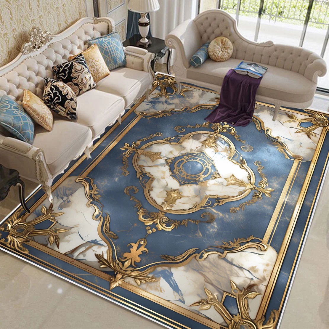 European Style Blue Carpet Living Room Table Accessories Area Rug for Bedroom Luxury Home Decora Large Area Non-slip Soft Mat