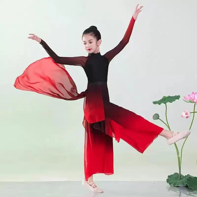 

Children's Classical Dance Chinese Style Practice Suits Water Yarn Flared Tops and Pants Chinese Dance Practice Clothes Hanfu