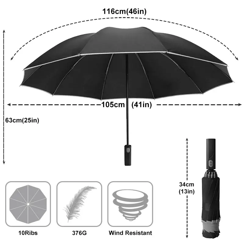 Windproof Reverse Automatic Umbrella Rain Women Men Car Large Business 3Folding Umbrellas 10 Ribs Reflective Stripe Paraguas
