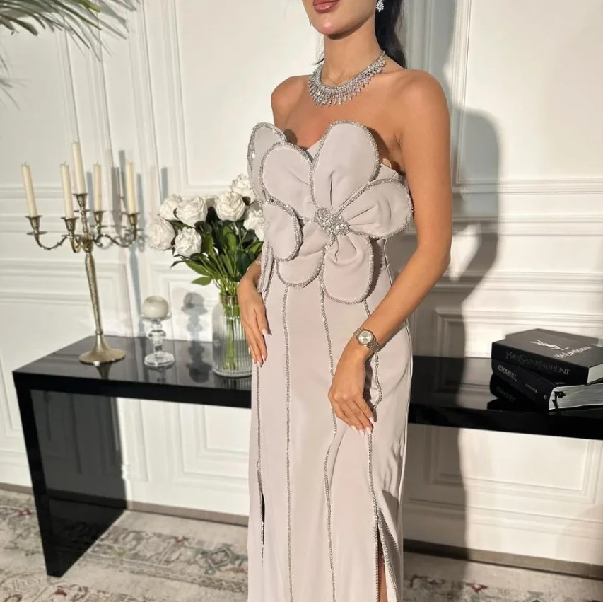 فساتين سهرة أنيقة مخصصة بدون حمالات فساتين حفلات على شكل زهرة بطول الكاحل مناسبة خاصة فساتين سهرة فاخرة