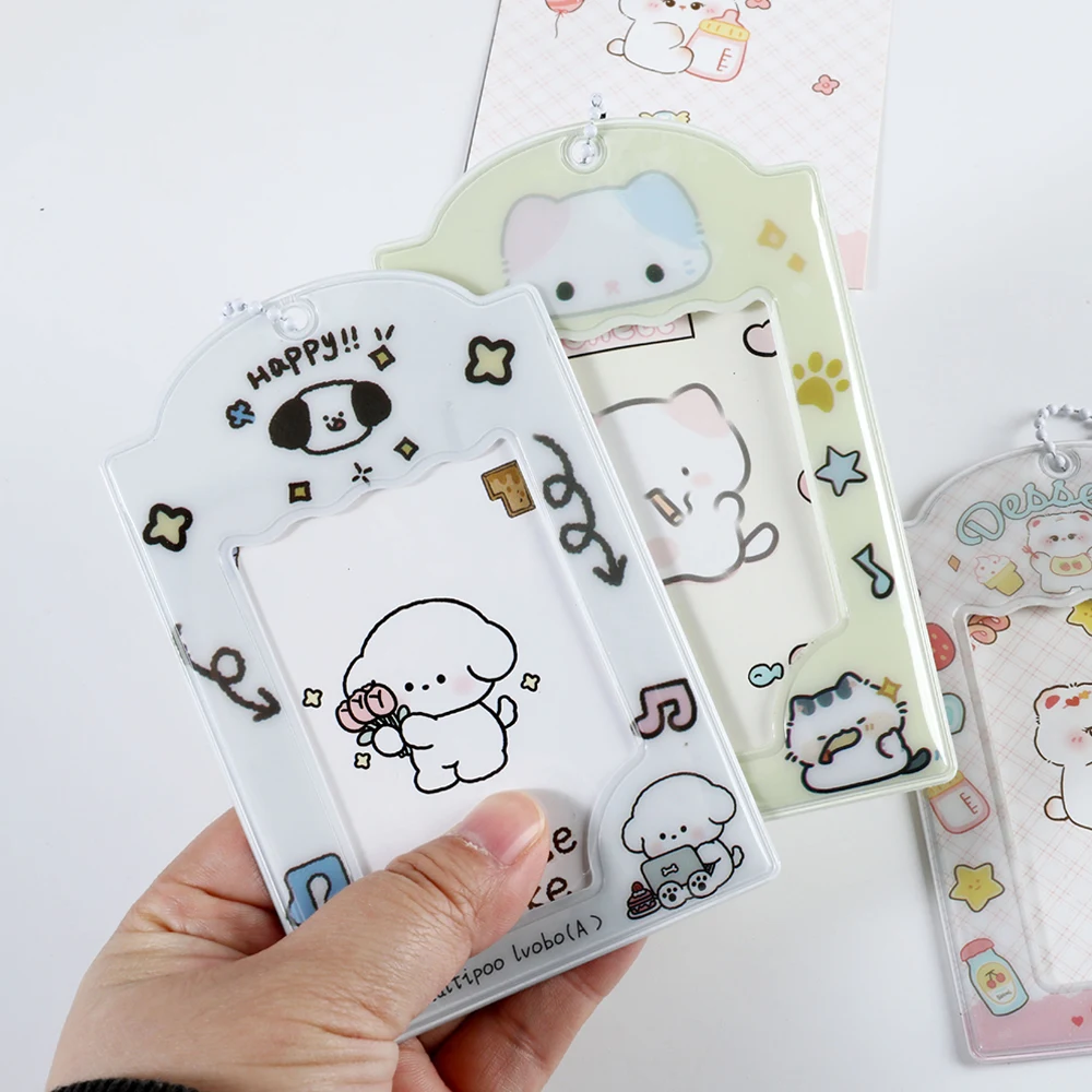 Idol Photo Sleeves Cartoon Photocards Protector 3-inch Photo Frame INS Cute Photo Pocket Key Ring Dog Cat Print Goo Card Holder