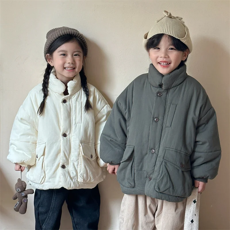 

Children's Thickened Jacket Girls Warm Cotton Clothing Boys Solid Color Parkas Winter Coat 2024 New Baby Casual Outerwear