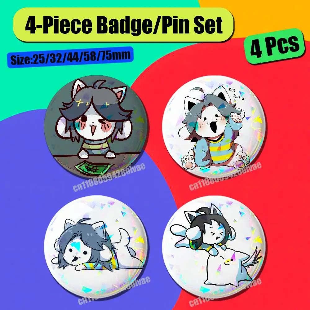 Lot de 4 badges/épingles U-Undertale Temmie, emblèmes ronds, film laser, cosplay, 25 mm, personnalisables