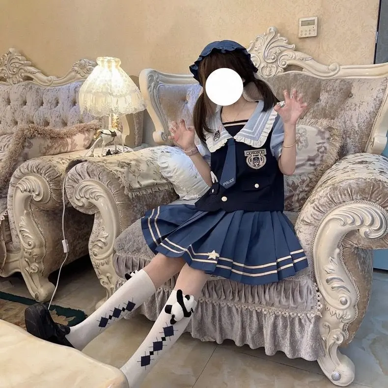 Conjunto de uniforme japonés JK para mujer, Falda plisada de cintura alta, camisa con volantes y cuello azul marino, Color de contraste Lolita, 2 piezas