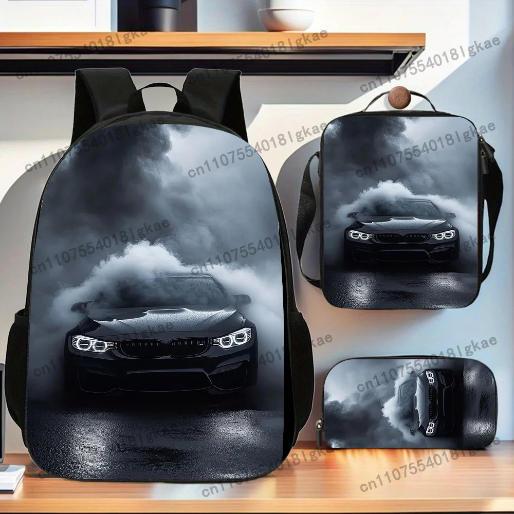 Car 3pcs Stylish Backpack Collection, Featuring a Spacious Book Bag, a Handbag, And a Pencil Case, Ideal for School And Travel.