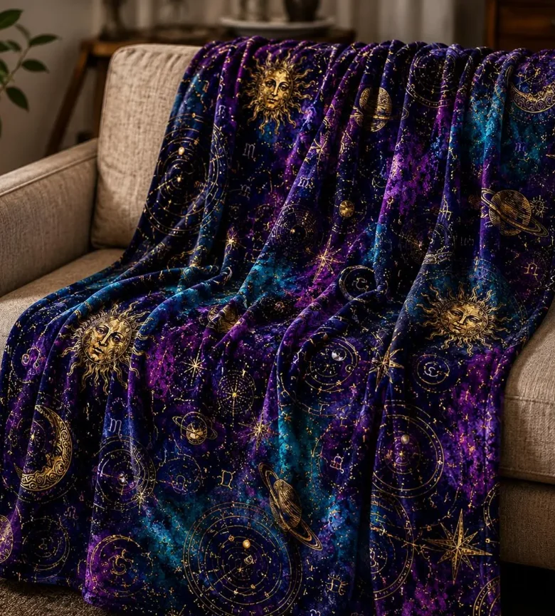 Koc Astrologiczny Zodiak Księżyc i Gwiazdy, Fioletowy Koc w Stylu Witchcore, Gotycki Koc na Kanapę, Przytulny Prezent