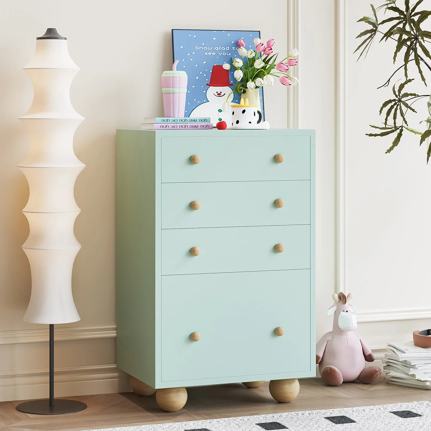 Cream wind solid wood four-chest cabinet dopamine living room porch cabinet household bedroom wall multi-layer large drawer