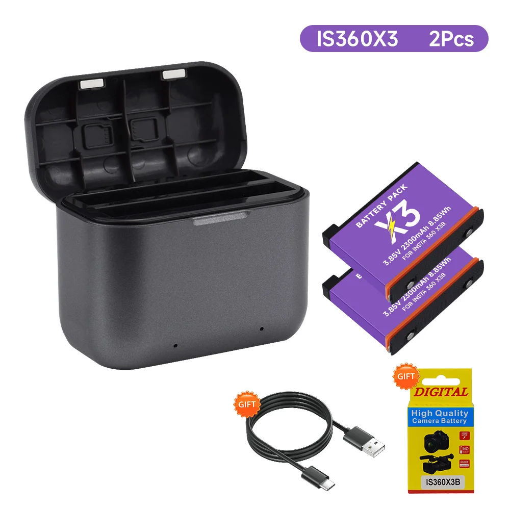 Für Insta 360 X3 Akku 3,85 V 2300 mAh Li-Ion-Akku + 2-Slot-LED-Ladegerät für Insta360 One X3 Akku